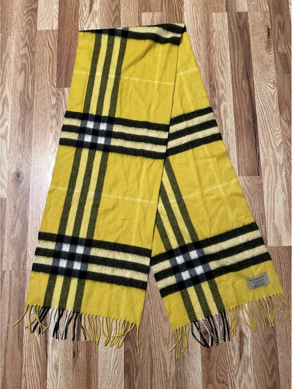 Burberry Yellow Giant Check Cashmere Fringe Scarf